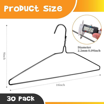 30 Pack Metal Wire Hanger, 18-inch Clothes Hangers in Bulk, Wire Hangers for Clothes, Metal Coat Hangers for Standard Size Shirts, Suits, Pants, Skirts, Coats, Ultra Thin Space Saving (Black)
