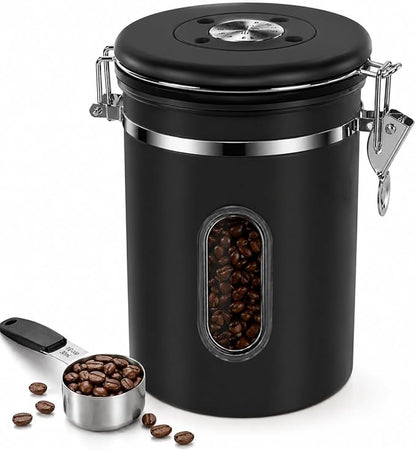 Black Coffee Canister Airtight 22oz Stainless Steel Coffee Bean Storage Container with Date Tracker, Window & One-Way CO2 Valve, Kitchen Coffee Jar for Beans, Ground Coffee, Tea, Sugar, Rice
