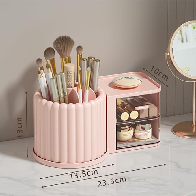 Makeup Organizer Countertop,360 Rotating Makeup Brush Holder With 2 Drawers,Small Preppy Organizer |9.25x5.11inch|Pink