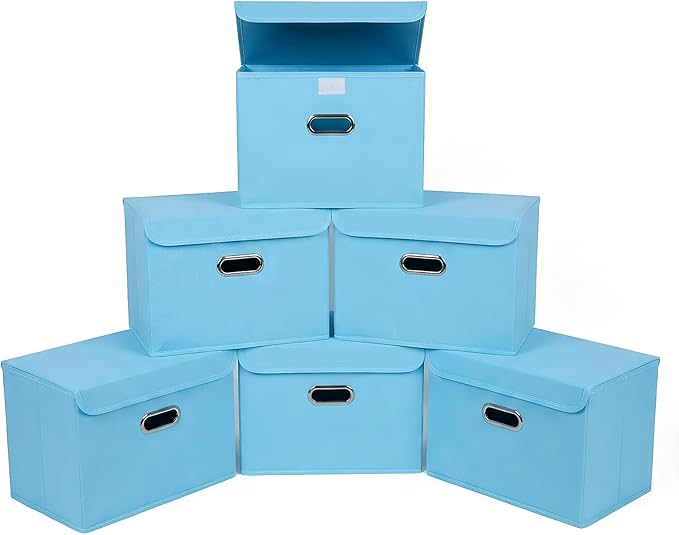STOREONE Fabric Storage Cube Bins Foldable Organizer Container Collapsible Basket with Lids and Metal Handles, for Home, Bedroom, Closet 6 Pcs (multicolour-blue)