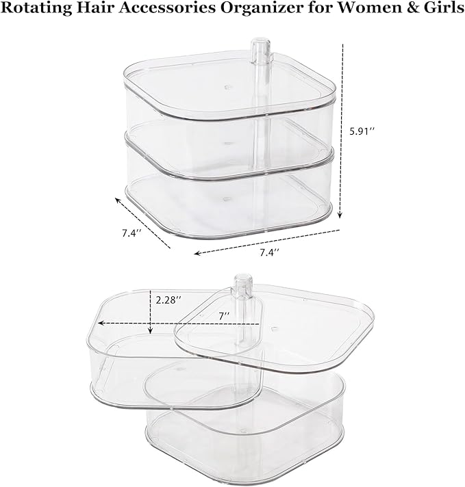 FABROK 2-Layer Girls Hair Accessories Organizer, Large Rotating Vanity Storage Container for Headbands, Scrunchies, Clips, Plastic Women Hair Ties Holder, Makeup Brush Box