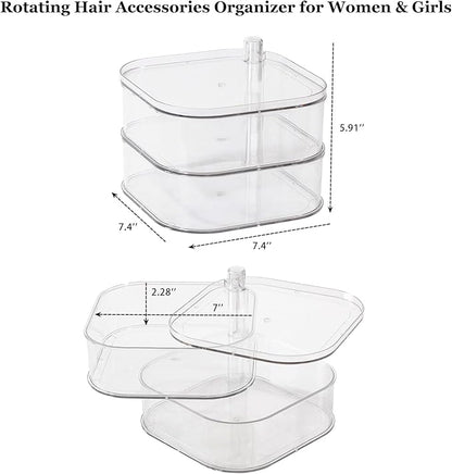 FABROK 2-Layer Girls Hair Accessories Organizer, Large Rotating Vanity Storage Container for Headbands, Scrunchies, Clips, Plastic Women Hair Ties Holder, Makeup Brush Box