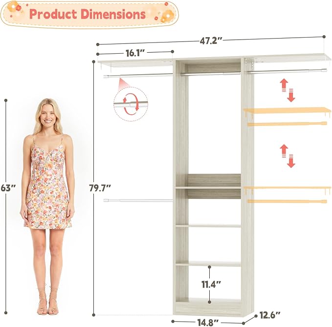 iSunirm 48" Small Closet System, Space-Saving Wall-Mounted Wardrobe Organizer, Mini Garment Rack for Narrow Spaces, Morning Outfit Prep Station & Nursery Dress-up Storage, White Oak