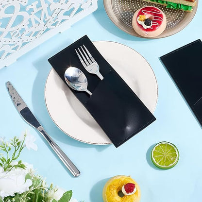 2PCS Black PU Leather Knife and Fork Cutlery Sleeves Rustic Utensils Storage Holder Leather Silverware Pouch Bags Vintage Flatware Tableware Place Set Organizer for Home Kitchen Table Decor
