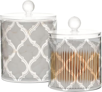 2 Pack Qtip Dispenser Apothecary Jars with Lids Cotton Round Holder Bathroom Canisters for Cotton Swab Floss Ball Pads Clear Plastic Decorative Grey Minimalist Quatrefoil