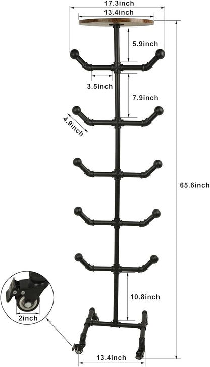 uyoyous Industrial Standing Hat Rack, Heavy Duty Metal Pipe Hat Display Stand with Wheels, Freestanding Rolling Hat Organizer Tree for Cowboy Hats & Caps, 10 Hanger Hooks for Bedroom Entryway