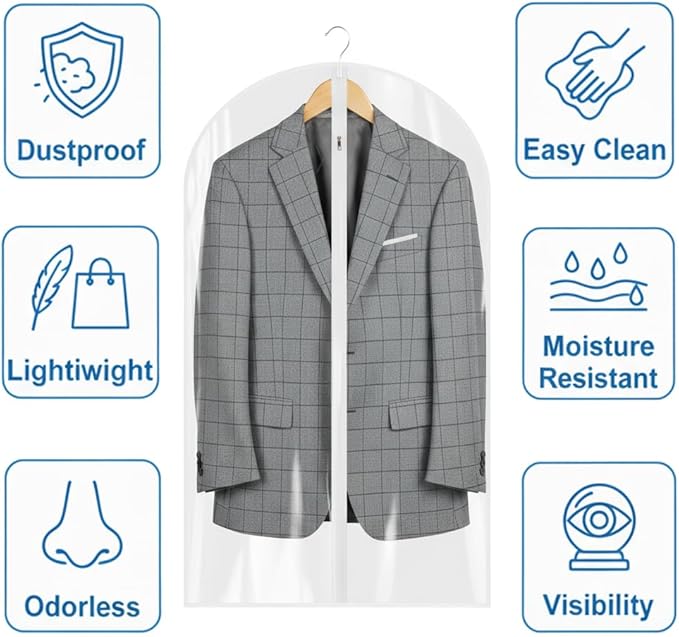 60” All Clear Garment Bags for Travel - PEVA Waterproof Suit Cover with Zipper for Hanging Clothes, long Gowns - Durable Dresser for Closet Storage, Dustproof & Moisture Resistant - 60”/12 Pack