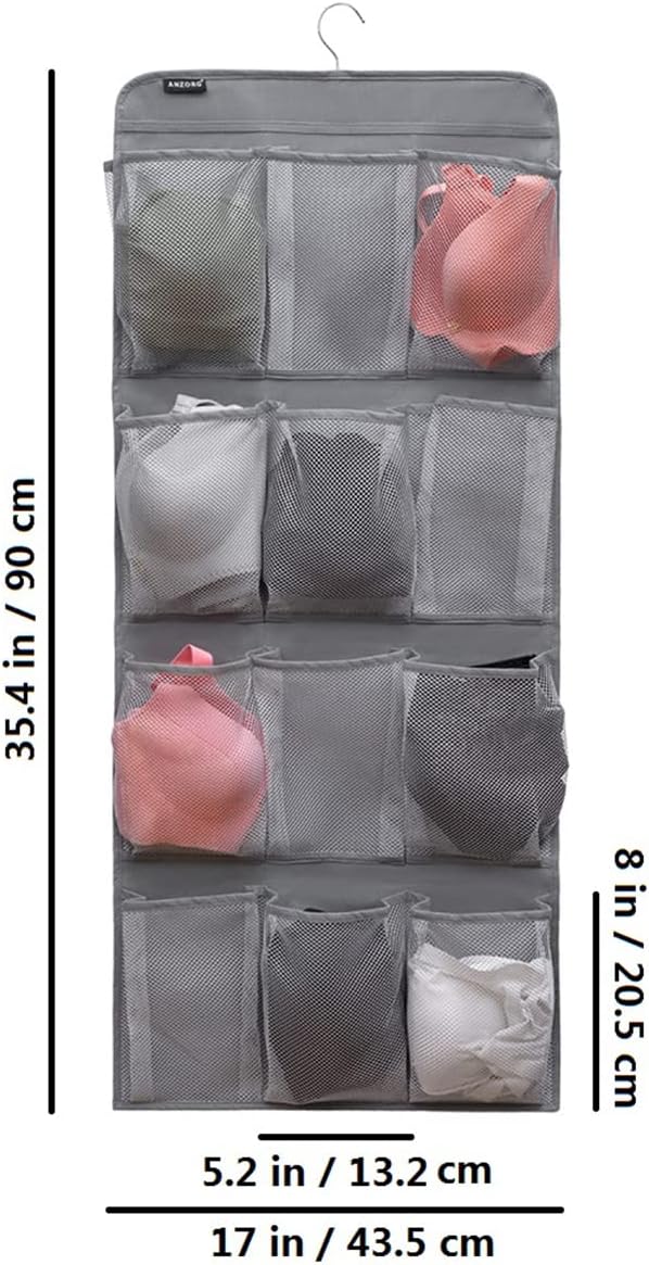 Dual Sided Hanging Shoe Organizer for Closet with Rotating Hanger Hanging Shoe Rack Holder with 24 Large Pockets (Grey-Mesh Pockets)