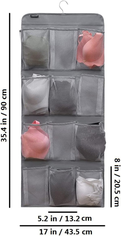 Dual Sided Hanging Shoe Organizer for Closet with Rotating Hanger Hanging Shoe Rack Holder with 24 Large Pockets (Grey-Mesh Pockets)