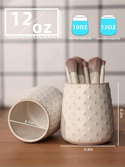 Ceramic Makeup Brush Holders, Farmhouse Bathroom Vanity and Countertop, Brushes Cup for Bathroom Cosmetics, Lipsticks, Vanity Desktop Storage (Vintage White)