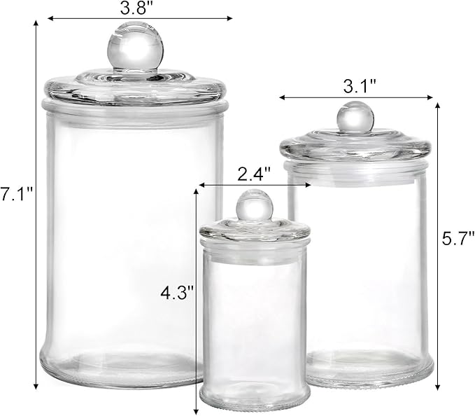 Set of 3 Glass Apothecary Jars with Lids, Bathroom Canisters Storage Container Jars, Decorative Small Glass Apothecary Jar for Cotton Swabs, Cotton Balls, Makeup Sponges, Bath Salts