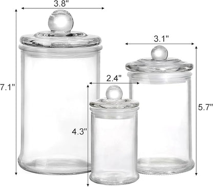 Set of 3 Glass Apothecary Jars with Lids, Bathroom Canisters Storage Container Jars, Decorative Small Glass Apothecary Jar for Cotton Swabs, Cotton Balls, Makeup Sponges, Bath Salts