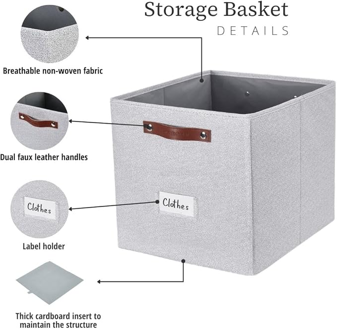 DECOMOMO Storage Baskets, 13x15x13 Storage Cube Bins with Labels for Organizing Shelves (Kallax / 4pcs, Light Grey)
