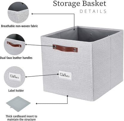 DECOMOMO Storage Baskets, 13x15x13 Storage Cube Bins with Labels for Organizing Shelves (Kallax / 4pcs, Light Grey)