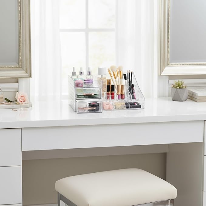 Makeup Organizer, Large-Capacity Clear Acrylic 2-Tier Makeup Brush Holder, Countertop Use, Make Up Organizers for Counter with Drawers, Make Up Brush Holder for Vanity Bathroom Desktop, Model
