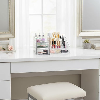 Makeup Organizer, Large-Capacity Clear Acrylic 2-Tier Makeup Brush Holder, Countertop Use, Make Up Organizers for Counter with Drawers, Make Up Brush Holder for Vanity Bathroom Desktop, Model