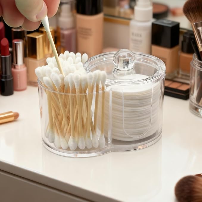 Q Tip Holder, 2-Grid Acrylic Cotton Swab & Cotton Pad Holder, 2 PCS Qtip Holder with Dustproof Lid for Bathroom,With 2 Pack of Qtips, Dressing Table Round Container