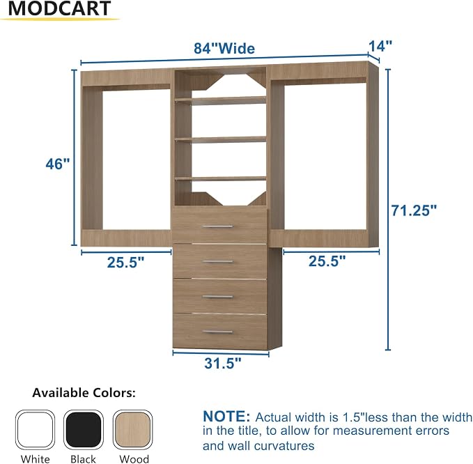 Modular Closet, 84" Wide Organizer with Hanging & Drawers, Wood Tower Storage for Walk In Closets, Wall Mounted Wardrobe Organizer Kit