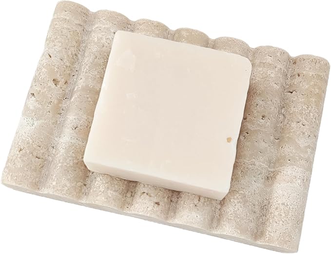 Travertine Soap Dish, Marble Self Draining Soap Holder, Sponge Holder for Bathroom, Sink, Kitchen, Jewelry Ring Dish (Beige), MSD100