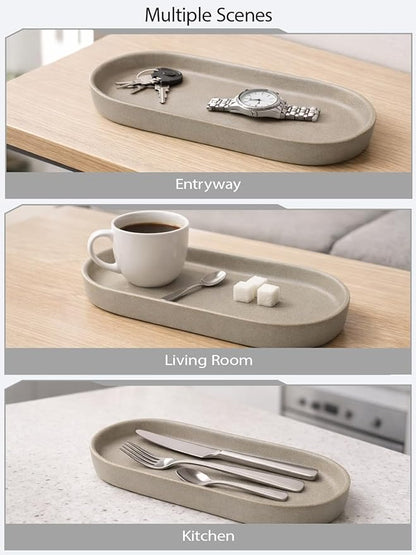 Matte Taupe Ceramic Bathroom Tray for Countertop, Minimalist Vanity Organizer Dish for Perfume, Jewelry & Soap, Oval Decorative Tray for Bathroom Sink, Dresser, Kitchen or Coffee Bar