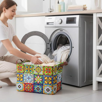 Mexican Talavera Decoration Storage Basket Waterproof Canvas Toy Storage Bin Collapsible Outdoor Basket with Leather Handles Mexican Talavera Decor Blanket Baskets For Closets,Bedrooms,Gifts Baskets