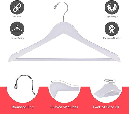 Quality Hangers Wooden - Slightly Curved Hanger 90 Pack Sets - Solid Wood Coat with Stylish Chrome Hooks - Heavy-Duty Clothes, Jacket, Shirt, Pants, Suit Hangers(White, 90), 17.5 inch, W040-30/ctn