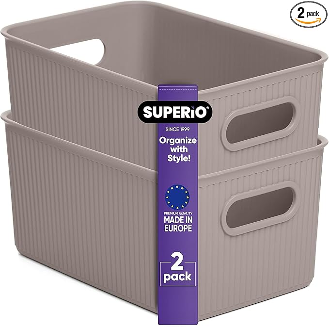 Decorative Plastic Basket Open Home Storage Bins Organizer Baskets, Medium Taupe (2 Pack) Container Boxes for Organizing Closet Storage Bins for Shelves Drawer Shelf - Ribbed Collection 5 Liter