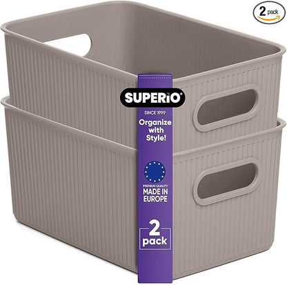 Decorative Plastic Basket Open Home Storage Bins Organizer Baskets, Medium Taupe (2 Pack) Container Boxes for Organizing Closet Storage Bins for Shelves Drawer Shelf - Ribbed Collection 5 Liter