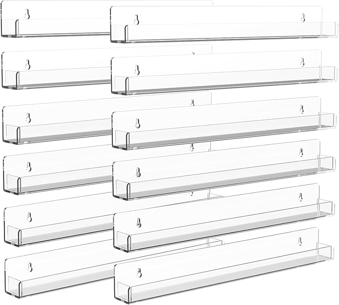 Nail Polish Shelf Wall 15 Inch Acrylic Clear Rack Sunglass Organizer Multi-Purpose Floating Shelves for Beauty Salons Retailer Dressing Room (12 PCs)