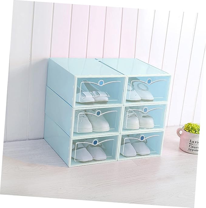 6PCS Stackable Shoe Storage Box Thickened Plastic Shoe Container Size L Blue for Organizing Sneakers High Tops and Casual Footwear in Closet or Underbed