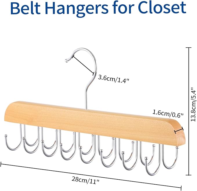 Belt Hanger for Closet, 2 Pack Closet Organizers and Storage Belt Rack Max 48 Belts, Multifunction Wooden Hanger Tie Rack
