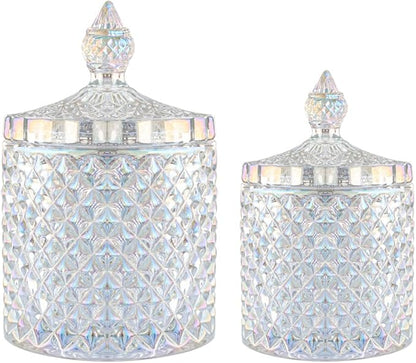 R FLORY 2 Pack Qtip Holder Glass Apothecary Jars with Lids Bathroom Storage Organizer for Cotton Swabs, Balls, Pads, Floss Picks, Vanity Storage Containers for Makeup, Candy, Jewelry (10+24oz, Dazzle)