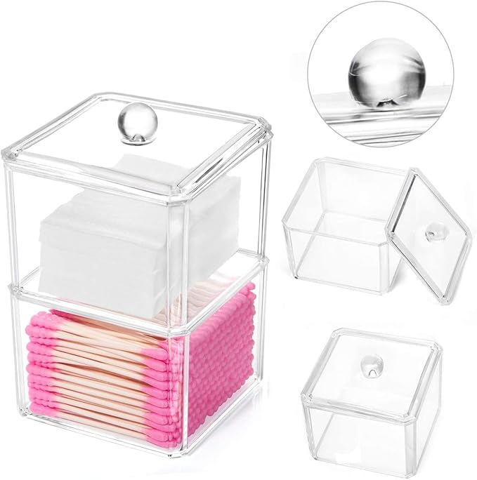 Square Acrylic Cotton Ball Pads Gauze Swab Holder Organizer Q-tip Dispenser Storage Canister Bathroom Container Flossers Box Case (3.5 x 3.5 x 5.3 inches, Two Tiers, Transparent)