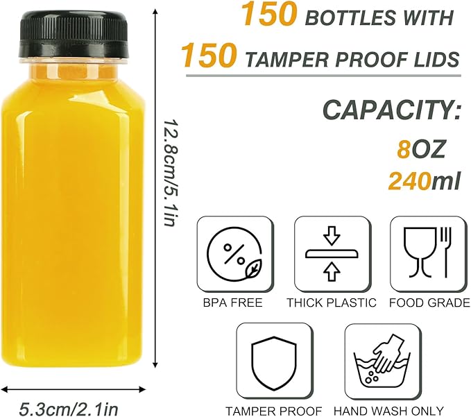 TOMNK 150pcs 8oz Plastic Juice Bottles with Caps Empty Reusable Clear Bottles with Label, Funnel and Brush Beverage Containers Bulk with Lids for Juicing, Smoothies, Fridge