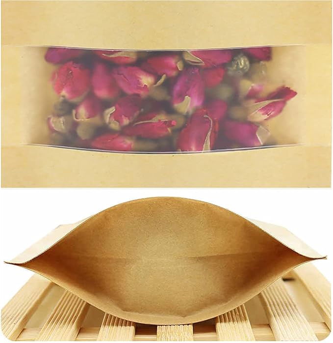 100pcs Kraft Paper Treat Bags with Window, Ziplock Stand Up Pouches for Packing Food Cookies Snacks