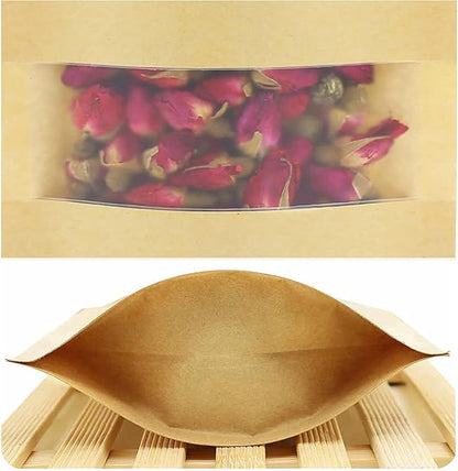 100pcs Kraft Paper Treat Bags with Window, Ziplock Stand Up Pouches for Packing Food Cookies Snacks