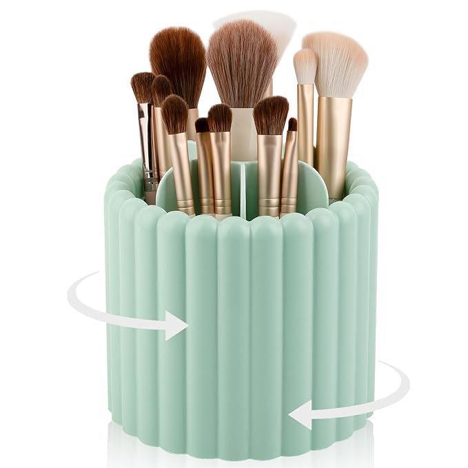 Anyoifax 360 Rotating Makeup Brush Holder 7 Slots Make Up Brush Organizer Removable Spinning Cosmetic Brushes Storage Pen Holder for Vanity, Dresser, Desk, Green