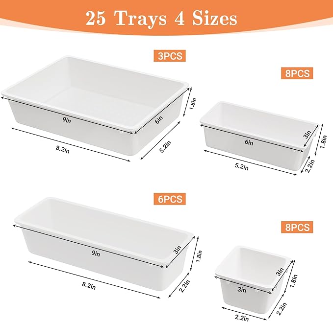 SpaceHacks 25 PCS Plastic Drawer Organizer Set, 4-Size Versatile Organizer Trays & Storage Bins for Makeup, Jewelry, and Gadgets in Bathroom, Bedroom and Office, White