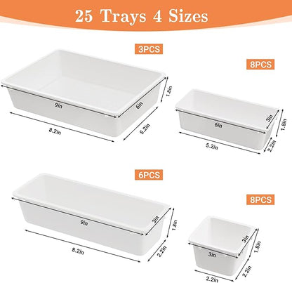 SpaceHacks 25 PCS Plastic Drawer Organizer Set, 4-Size Versatile Organizer Trays & Storage Bins for Makeup, Jewelry, and Gadgets in Bathroom, Bedroom and Office, White