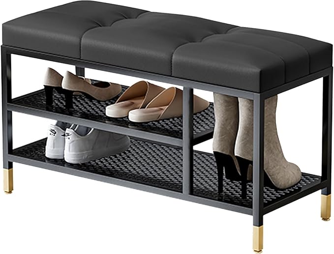 3 Tier Shoe Organizer for Entryway, Shoe Racks with Cushion, Black Metal Frame Hallway Bench for Living Room Bedroom,Black,80 x 32 x 47 cm
