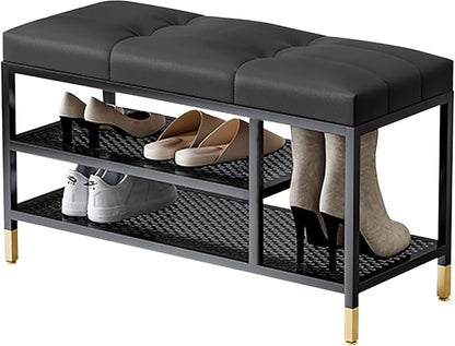 3 Tier Shoe Organizer for Entryway, Shoe Racks with Cushion, Black Metal Frame Hallway Bench for Living Room Bedroom,Black,80 x 32 x 47 cm