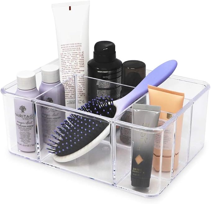 Isaac Jacobs 5-Compartment Clear Acrylic Organizer (10” L x 7” W x 4” H), Makeup Brush Holder, Tall Slot, Multi-Sectional Tray, Storage Solution for Makeup, School, Crafts, Office Supplies & More