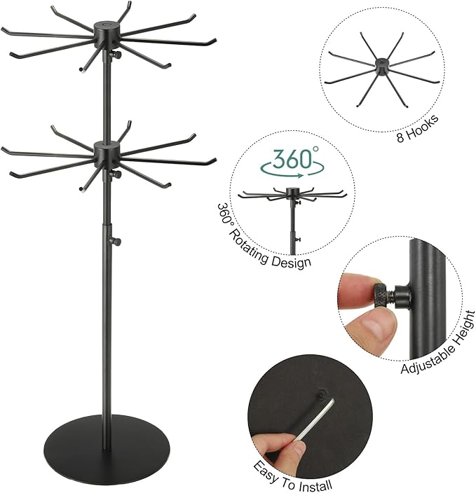 uxcell Keychain Display Stand, 1Pcs - Metal 2-layer Rotating Jewelry Display Stand with 8 Hook, Adjustable Display Rack for Necklace Craft Shows (Black)