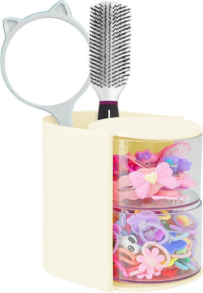 Hair Accessories Organizer with Hair Brush Holder, Rotatable Makeup Brush and Jewelry Storage Box for Hair Clips, Earrings, Necklaces, Bracelets, Rings, and Daily Accessories (Off White,2-Layer)