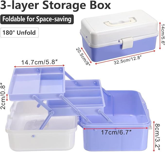 Hipiwe 3-Layer Plastic Storage Box 12.8" Multipurpose Craft Organizers with Dividers & Handle, Hair Accessories Organizer Folding Craft Tool Case Portable Tackle Box for Sewing Art Cosmetic, Purple