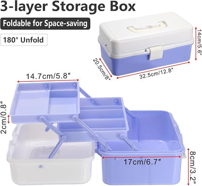 Hipiwe 3-Layer Plastic Storage Box 12.8" Multipurpose Craft Organizers with Dividers & Handle, Hair Accessories Organizer Folding Craft Tool Case Portable Tackle Box for Sewing Art Cosmetic, Purple