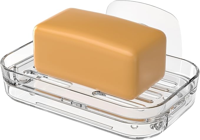 Soap Dish for Shower Clear Soap Holder Pull-Out Water Tray No Drilling Required Strong Fixation for Rv Bathroom and Kitchen Easy（2 Pack）