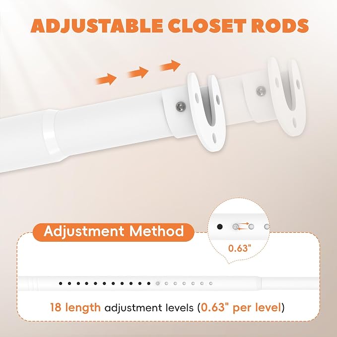 Long Closet Rod 17-75 Inches, Adjustable Heavy Duty White Metal Closet Rods for Hanging Clothes, 1.3 Inch Diameter with Wall Brackets for Wardrobes, Laundry Room