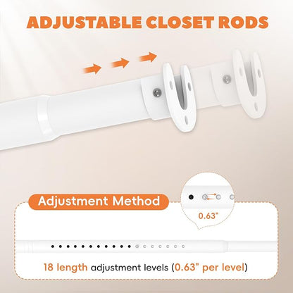 Short Closet Rod 17-51 Inches, Adjustable Heavy Duty White Metal Closet Rods for Hanging Clothes, 1.3 Inch Diameter with Wall Brackets for Wardrobes, Laundry Room, RV