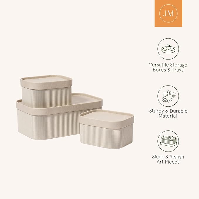 LA JOLIE MUSE Fluted Cardboard Storage Baskets with Leather-Like Lids, Sturdy Stackable Paper Boxes Decorative Tray, Light Grey, Set of 3